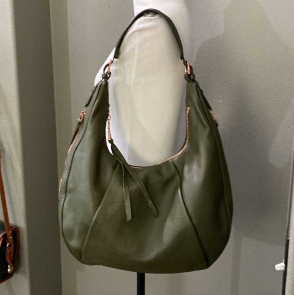 Aimee Kestenberg Moss Green Genuine Leather Cortu Pleated Hobo Bag